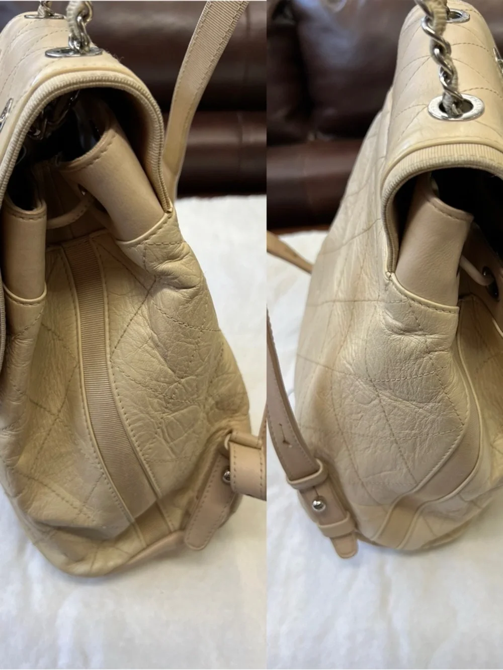 CHANEL Beige Quilted Leather Drawstring Backpack with CC with wallet